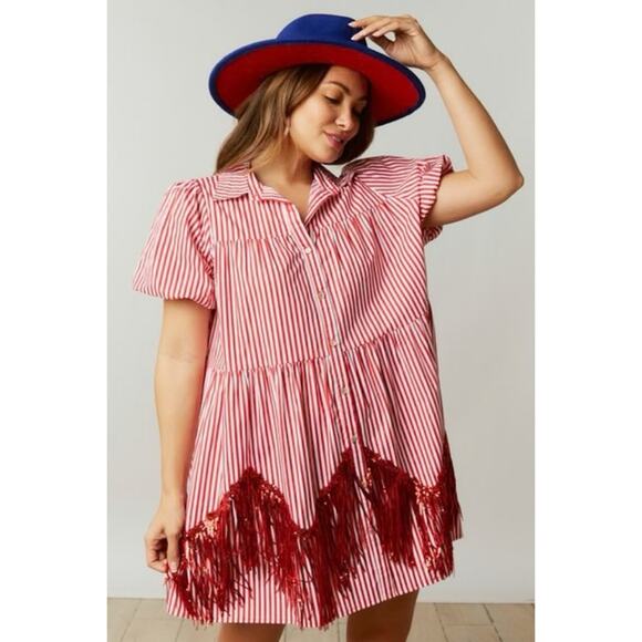 Fantastic Fawn Red White Stripe Sequin Tassel Fringe Shirt Dress Small College - Picture 4 of 14